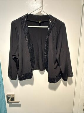 Black Sequin Trim Open-Front Women's Jacket